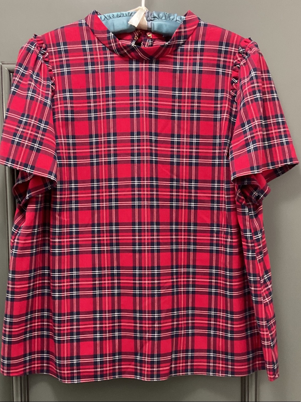 Draper James Red and Black Plaid ruffled short sleeve blouse with back bow